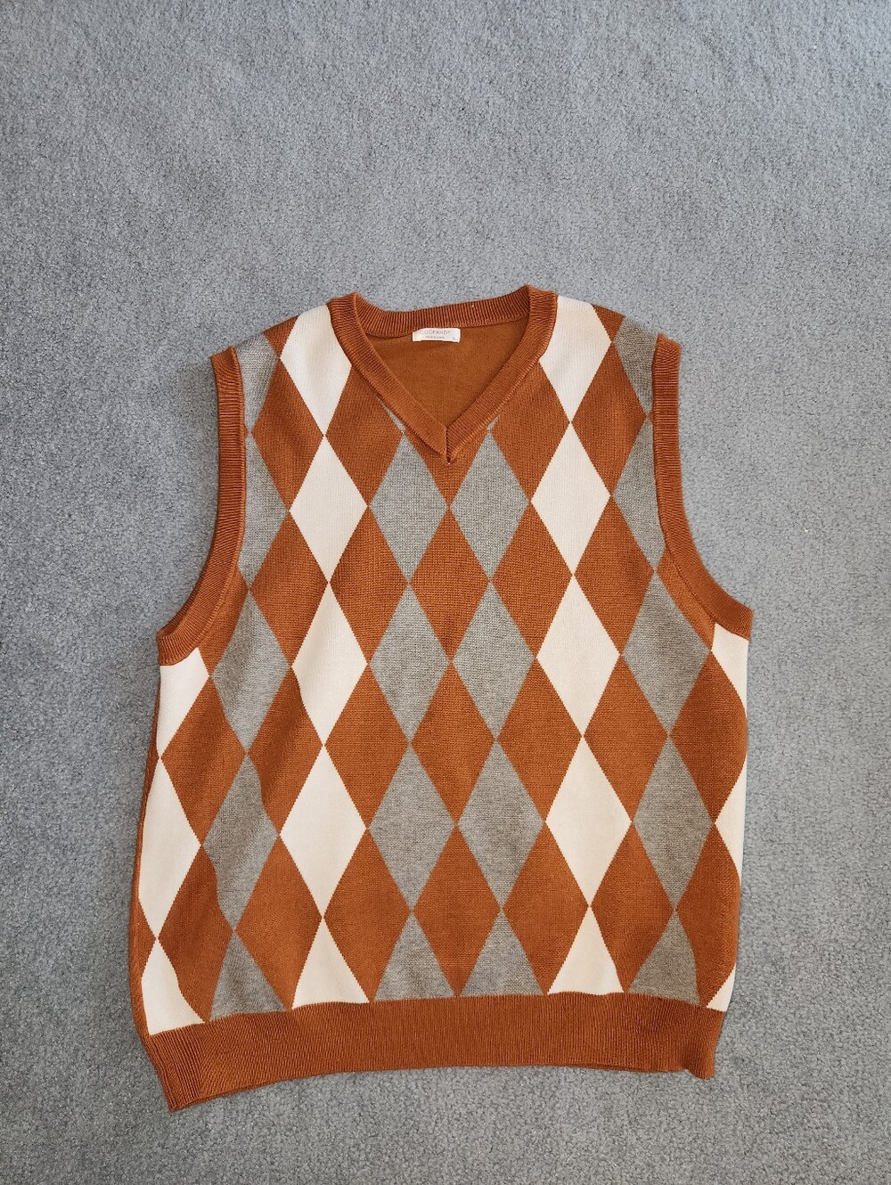 Men's Argyle V-Neck Sweater Vest in Rust, Gray & Cream
